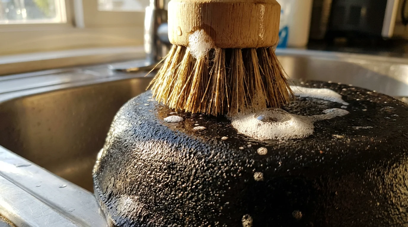 Close-up of a brush with soap suds gently cleaning a cast iron skillet.