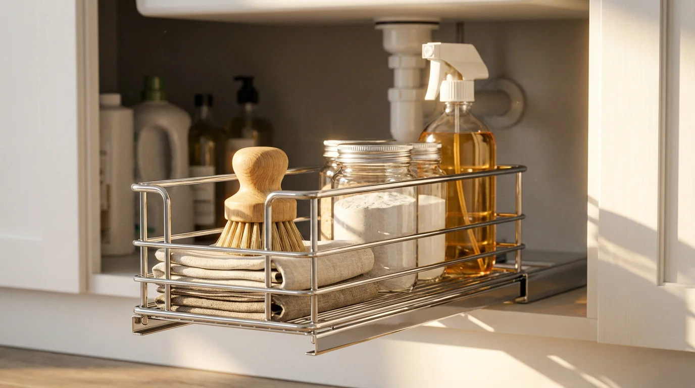 Close-up of a chrome pull-out organizer with generic cleaning supplies under a sink.