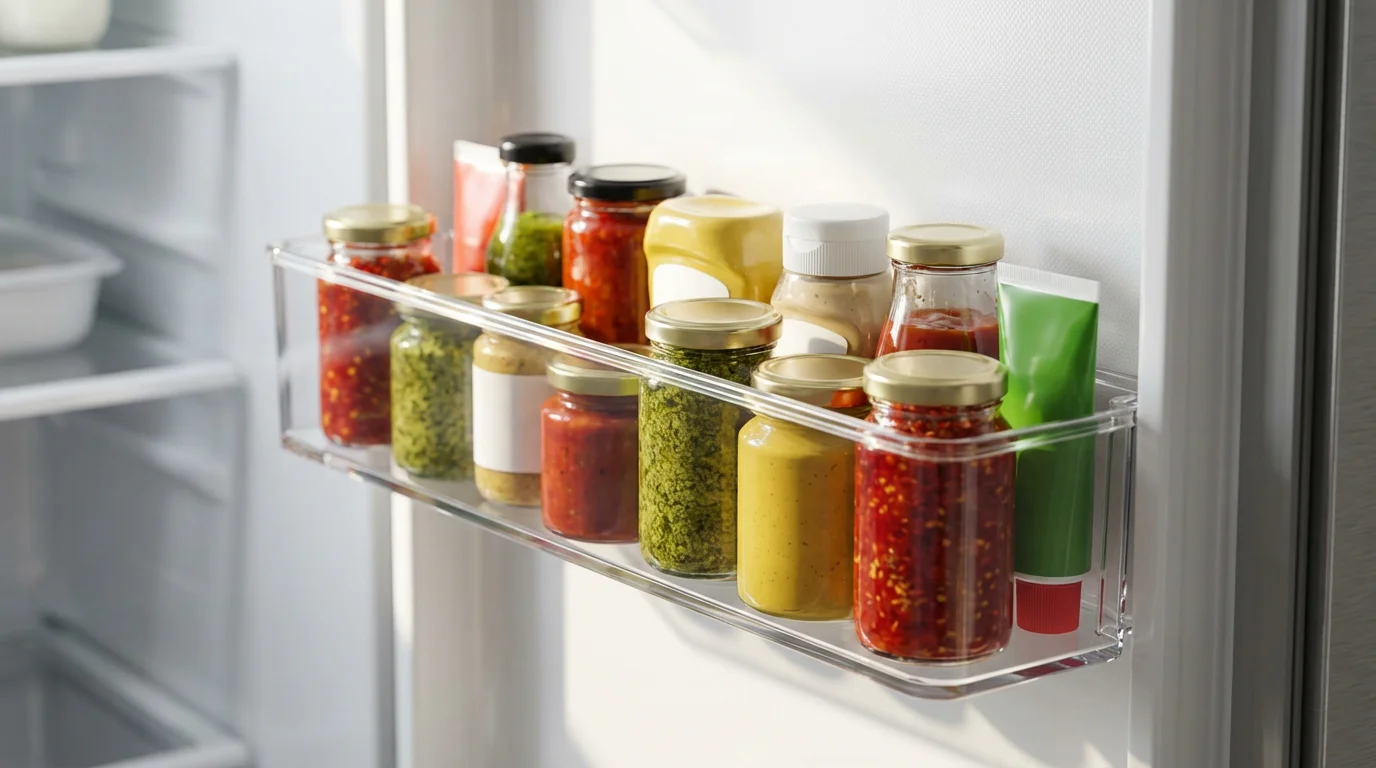 Close-up of a clear organizer bin with small condiment jars on a refrigerator door.