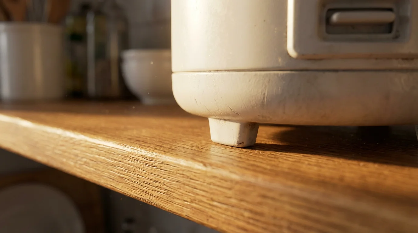 Close-up of a compact white rice cooker being placed onto a wooden kitchen shelf.