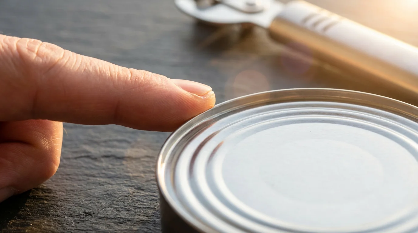 Close-up of a fingertip safely touching the smooth edge of a can lid.