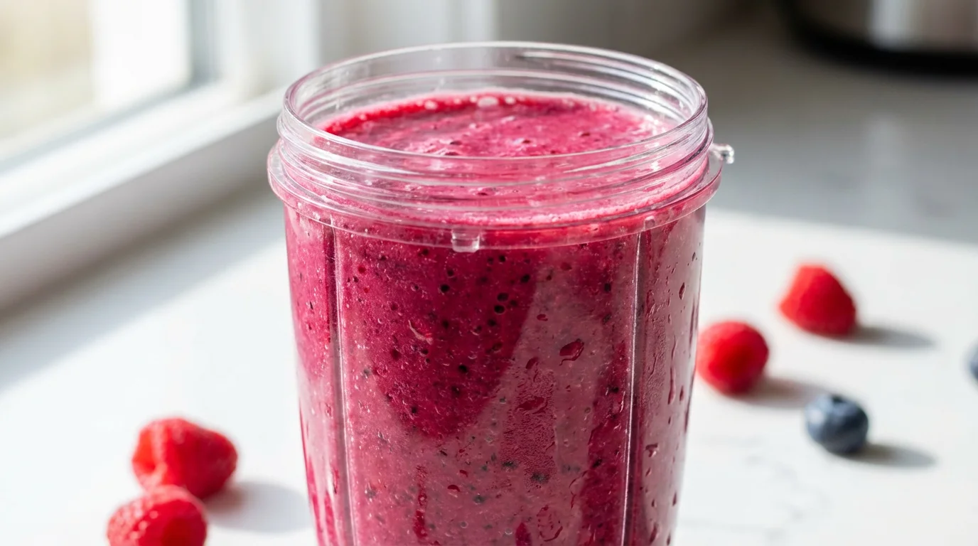 Close-up of a fresh berry smoothie in a personal blender cup with condensation.