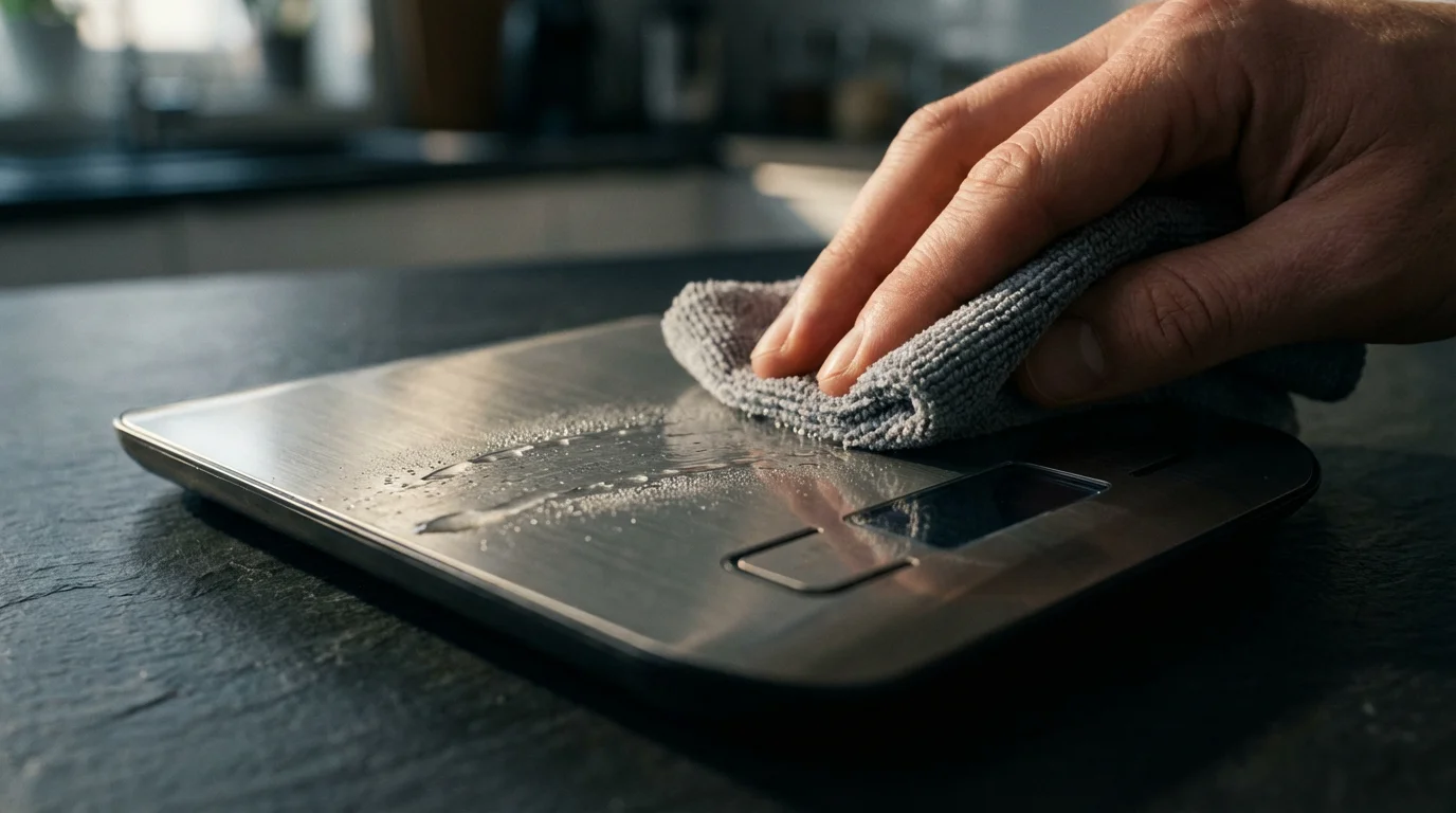 Close-up of a hand cleaning a stainless steel digital kitchen scale with a cloth.