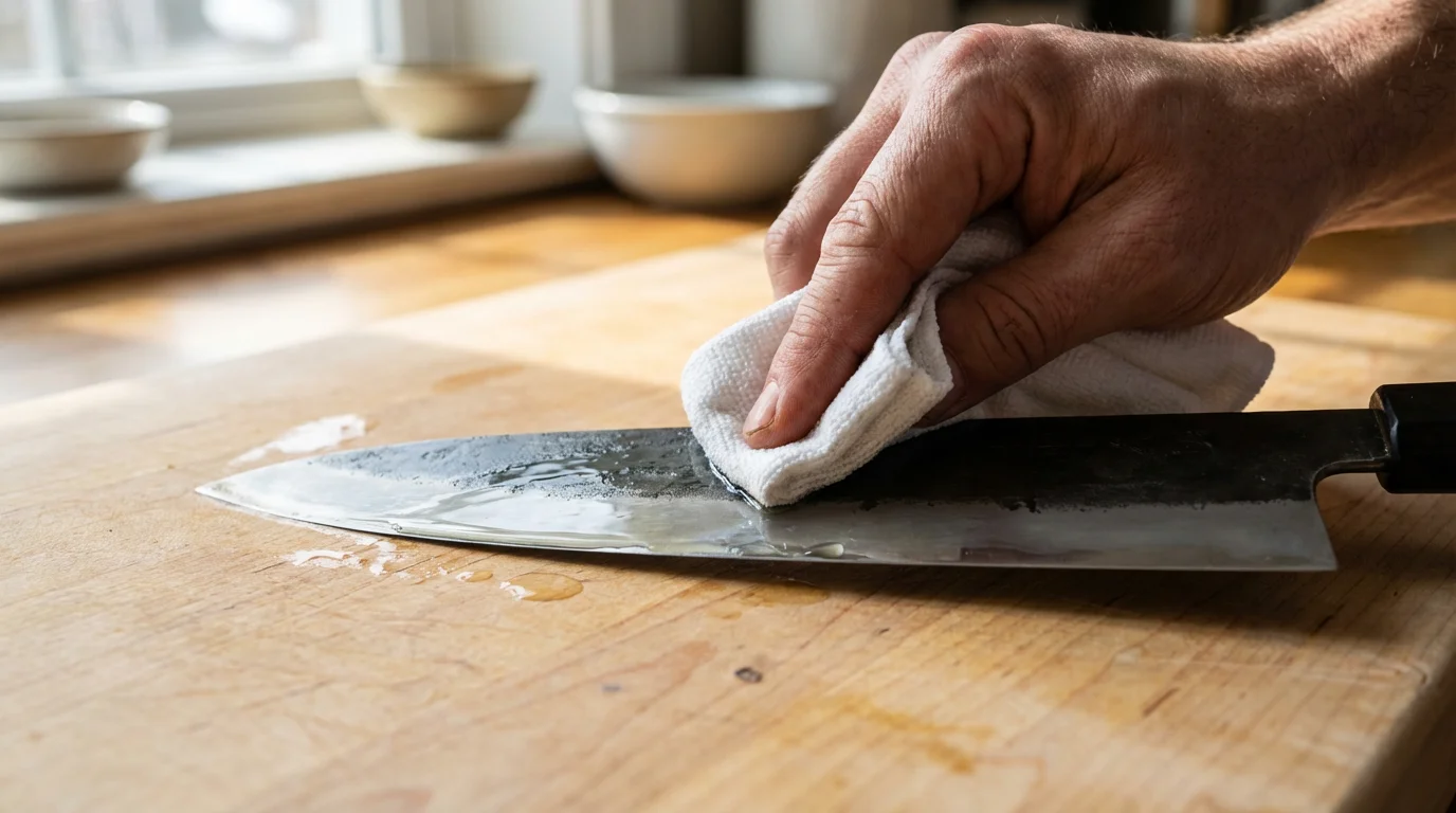 Close-up of a hand oiling a high-carbon steel chef's knife blade for protection.