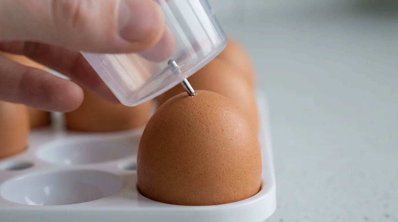 Close-up of a hand piercing a brown egg with a pin for an electric cooker.