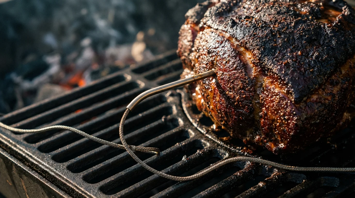 Close-up of a leave-in meat thermometer probe in a smoked pork shoulder on a grill.