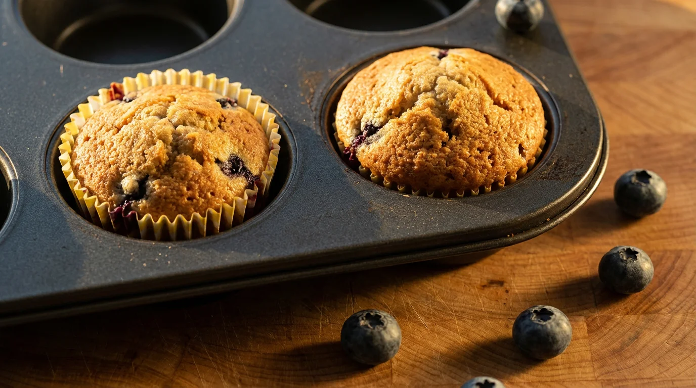 Close-up of a muffin in a paper liner next to one baked directly in a pan.
