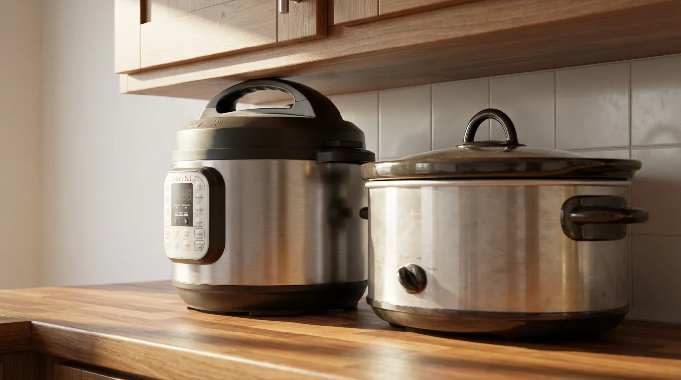 Close-up of a multi-cooker and slow cooker fitting tightly under a kitchen cabinet.