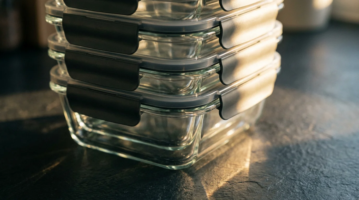 Close-up of a neat stack of matching glass food storage containers with long shadows.