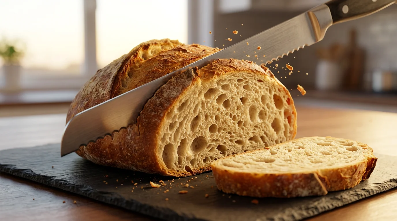 Close-up of a serrated bread knife cleanly slicing a crusty artisan loaf.