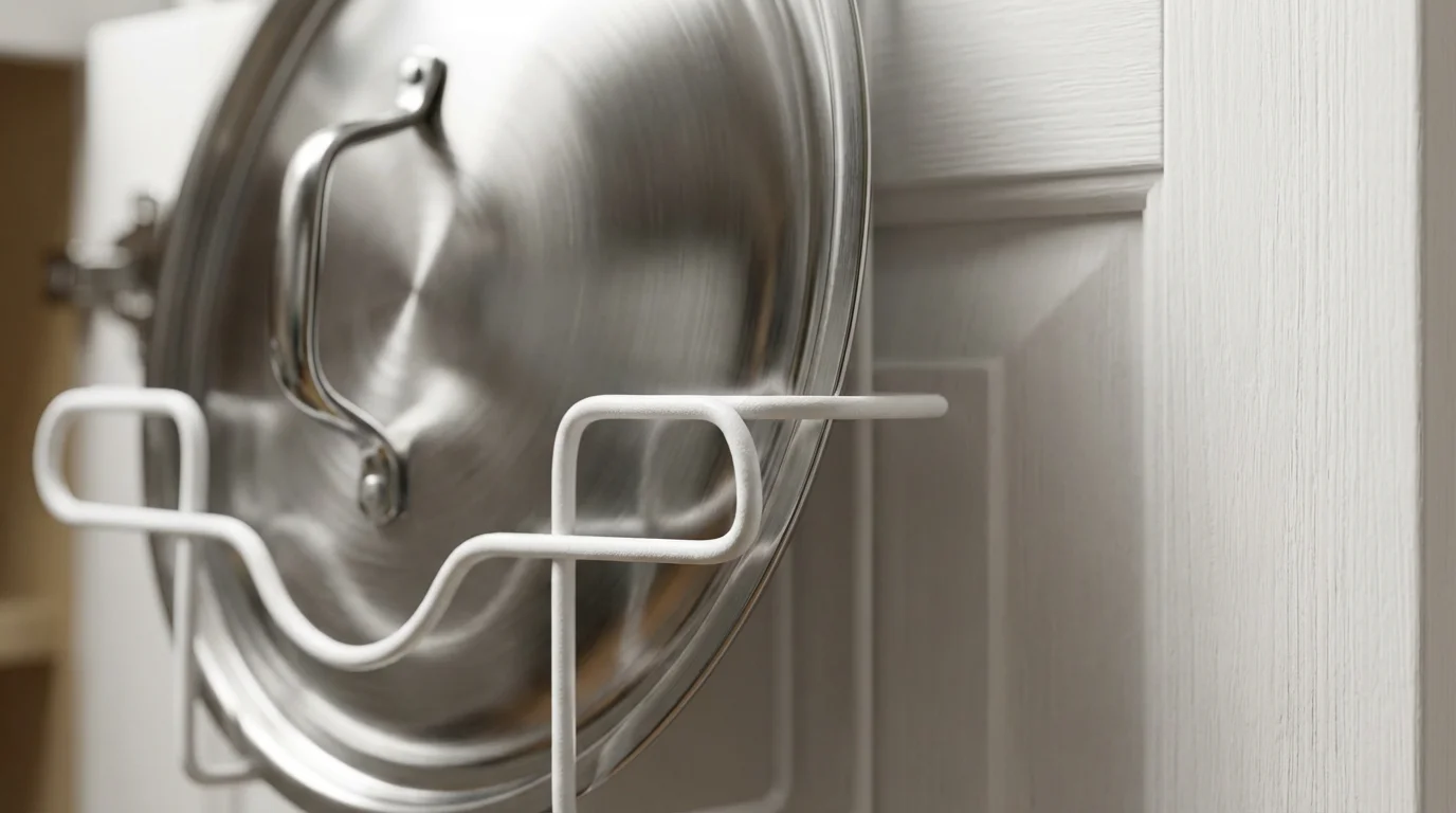 Close-up of a stainless steel pot lid stored in a white door-mounted cabinet rack.