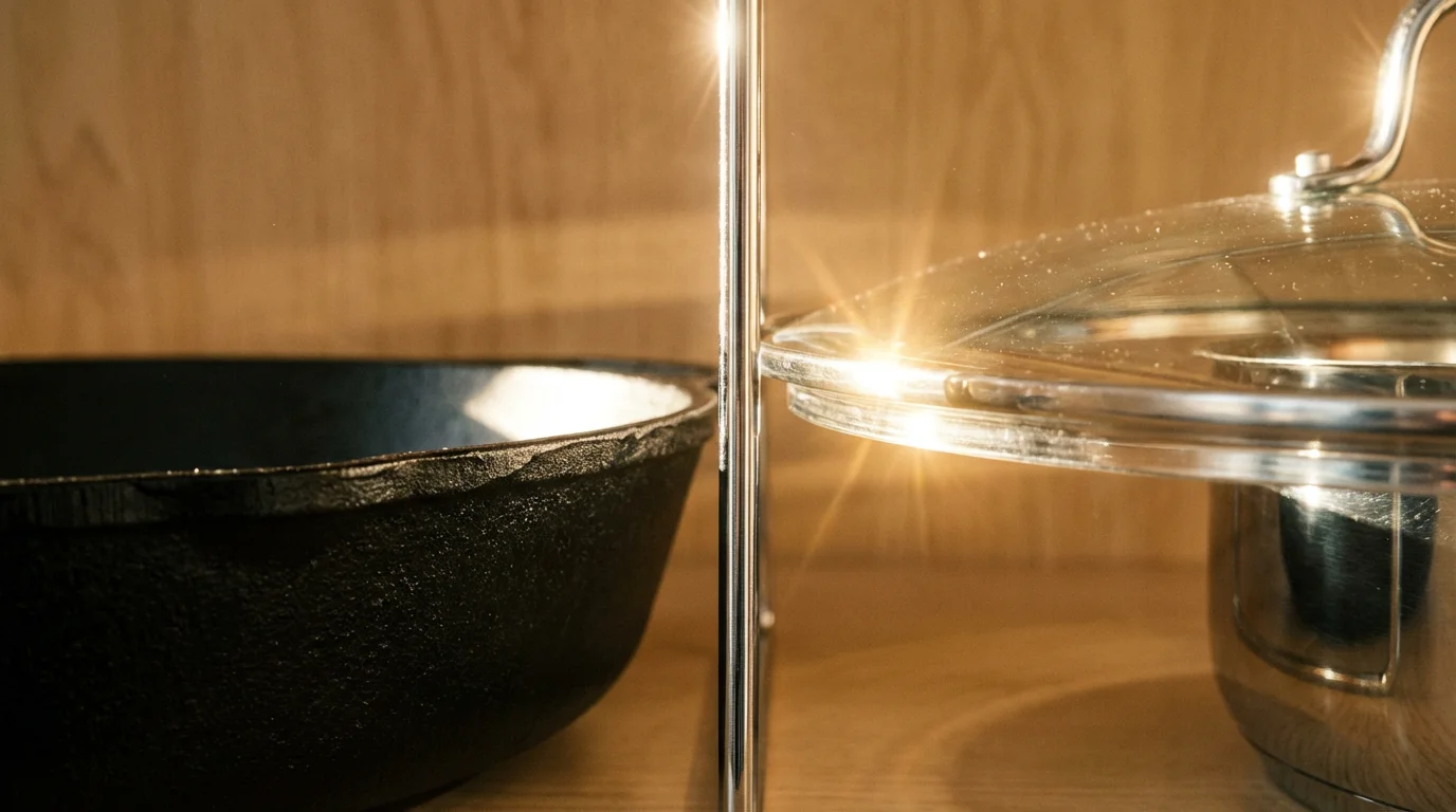 Close-up of a vertical cabinet organizer neatly storing a cast-iron skillet and pot lid.