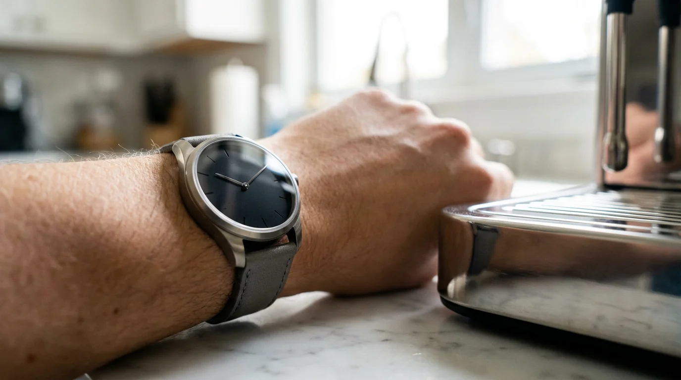 Close-up of a wristwatch and a new espresso machine on a kitchen counter.