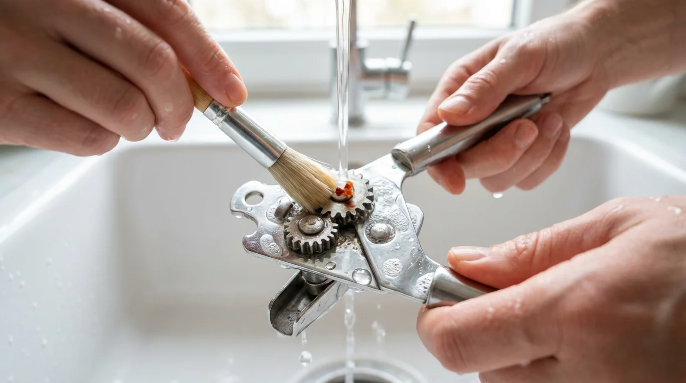 Close-up of hands cleaning a manual can opener with a small brush in a sink.