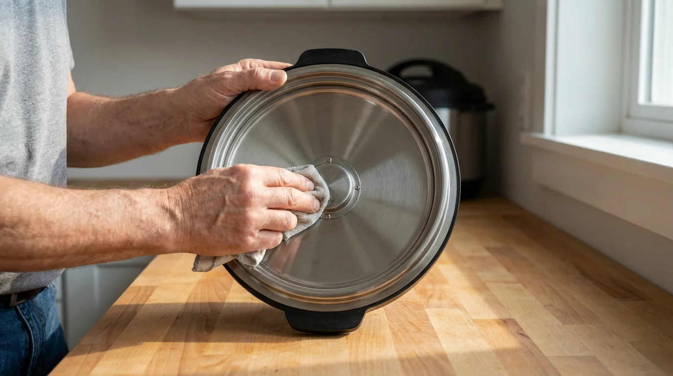 Close-up of hands cleaning the anti-block shield on an electric pressure cooker lid.