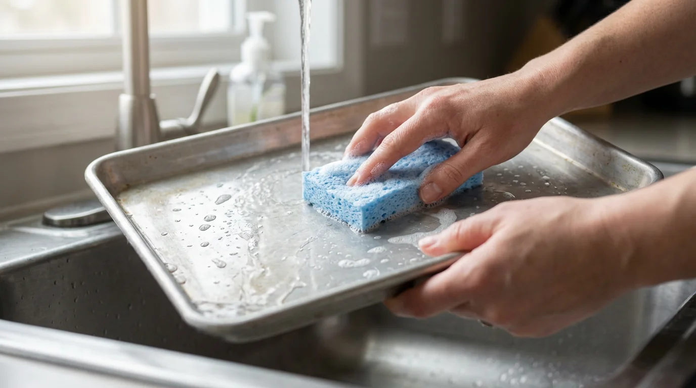 Close-up of hands gently washing an aluminum baking sheet with a soft sponge in a sink.