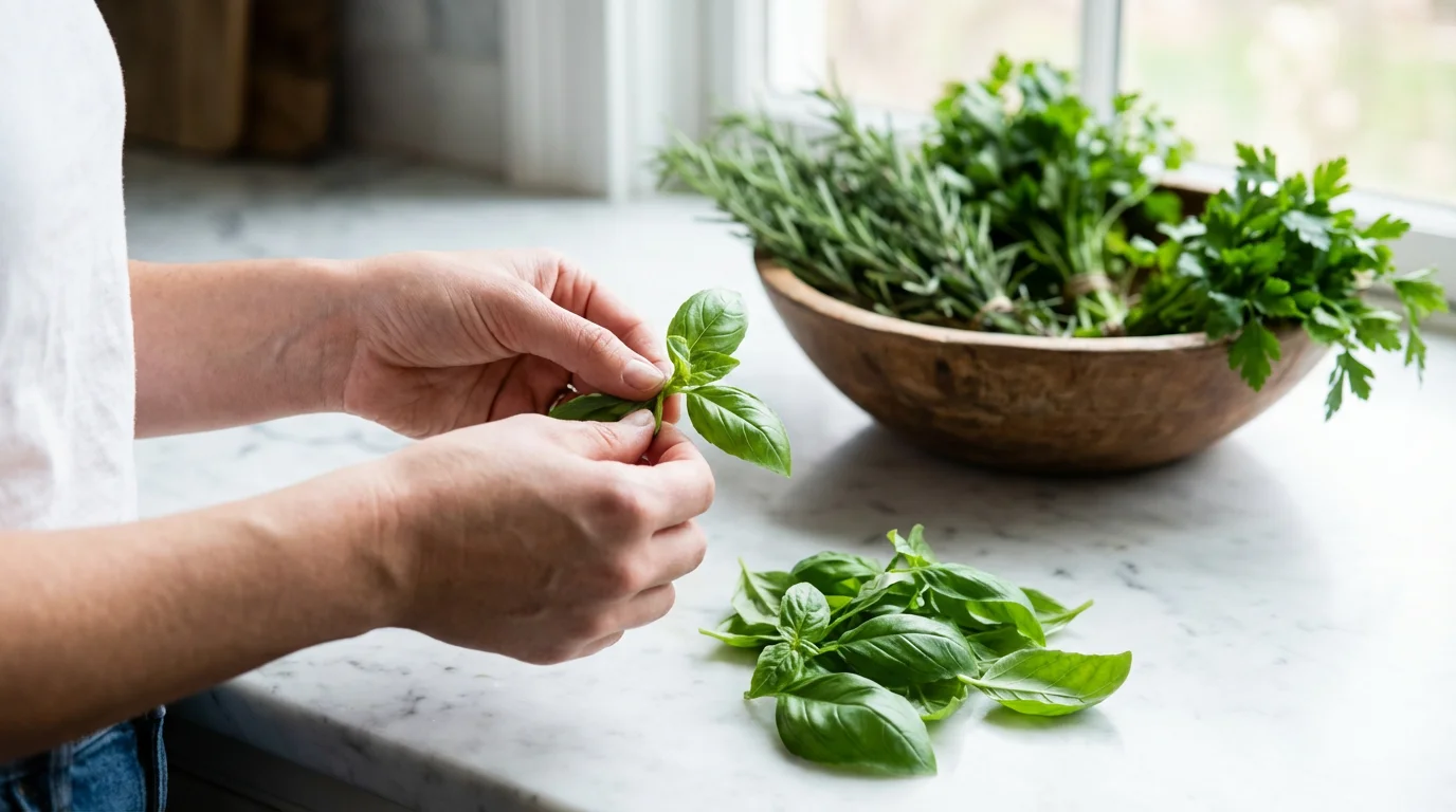 Close-up of hands plucking fresh basil leaves from stems over a white marble countertop.