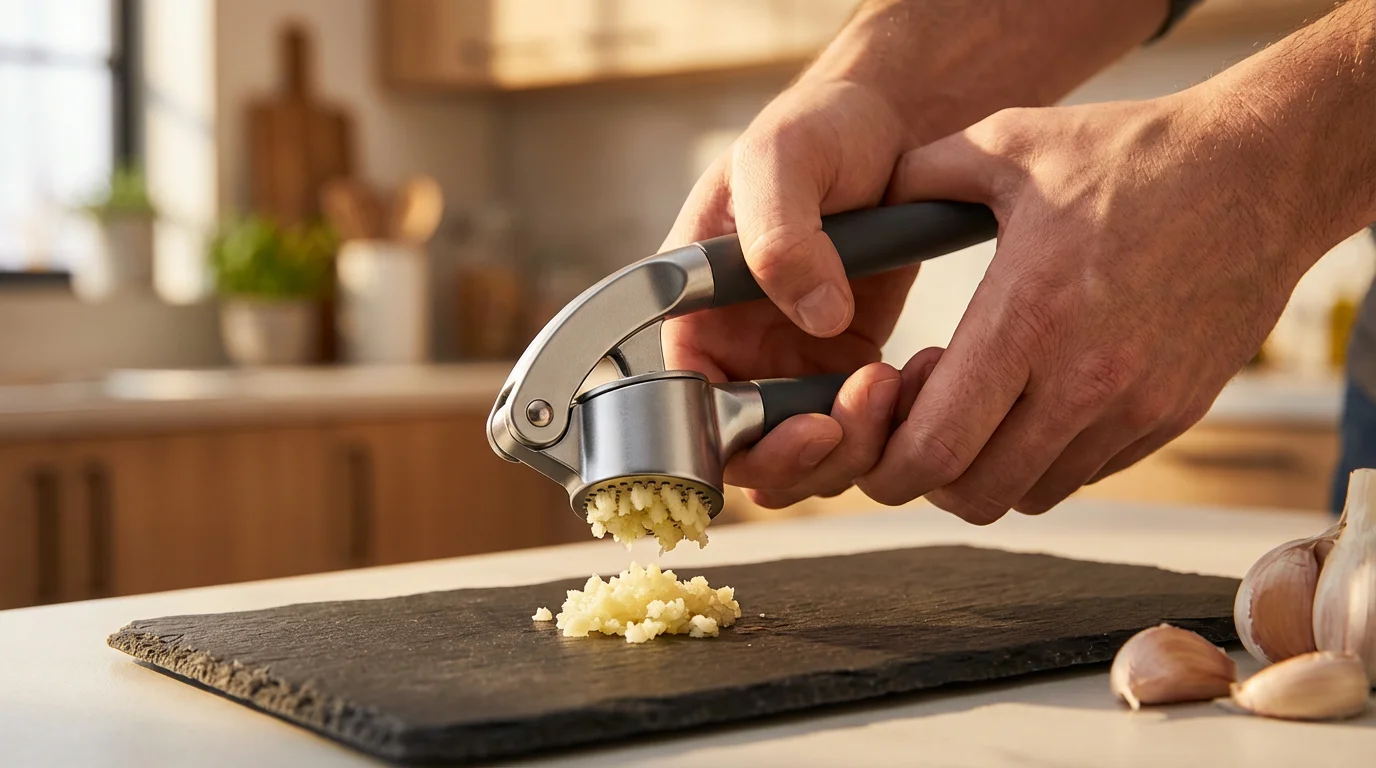 Close-up of hands using a high-quality garlic press to mince fresh garlic cloves.