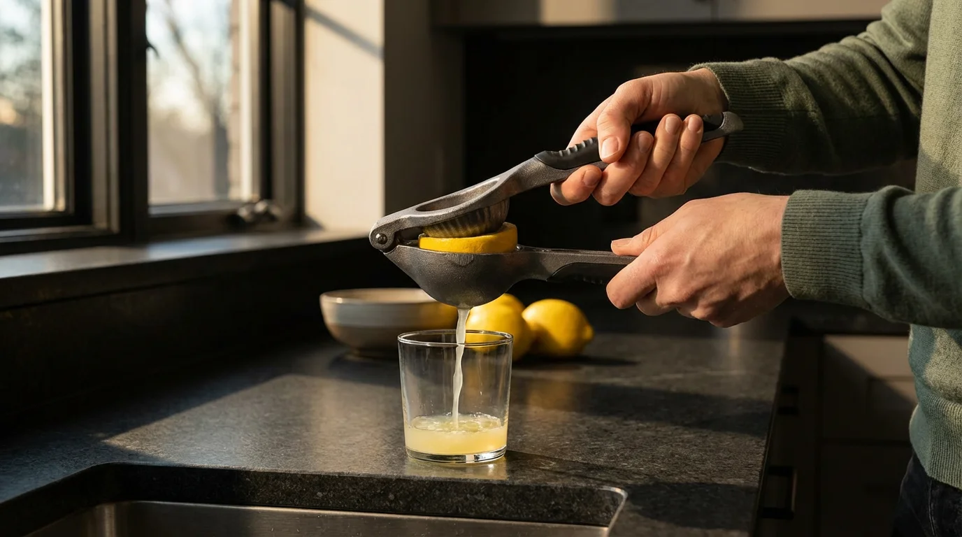 Close-up of hands using an ergonomic manual lemon squeezer with a firm grip.