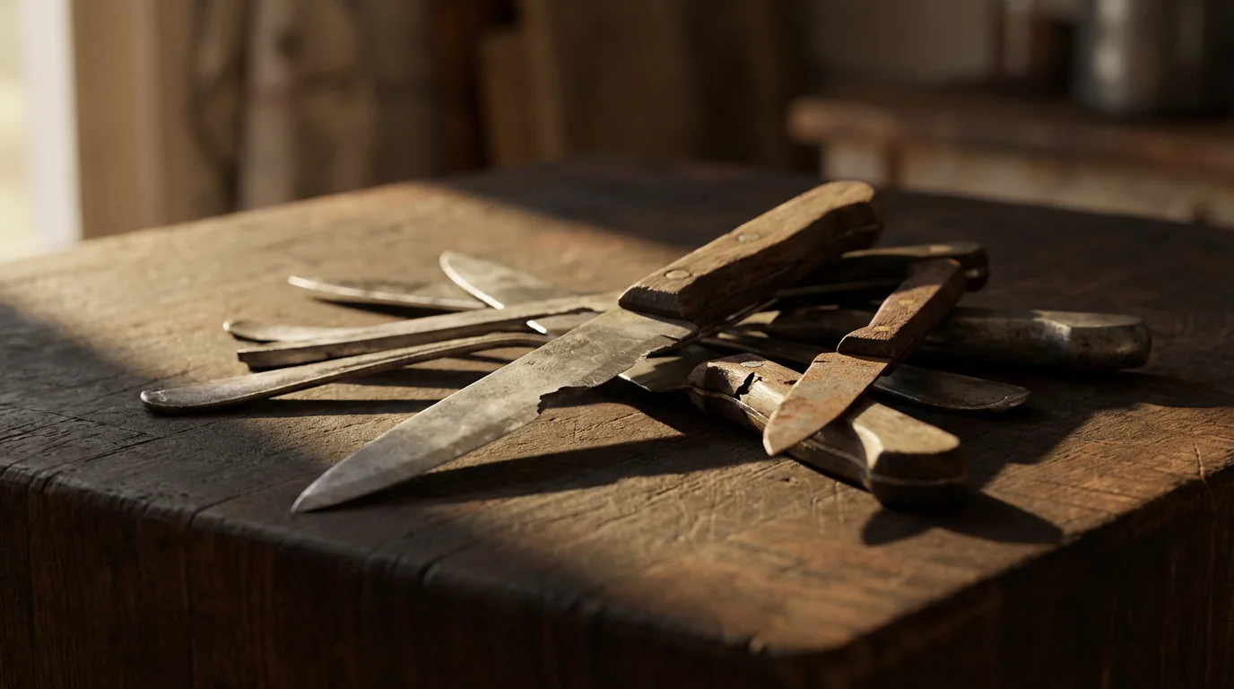 Close-up of old, chipped, and rusted kitchen knives ready for disposal during decluttering.