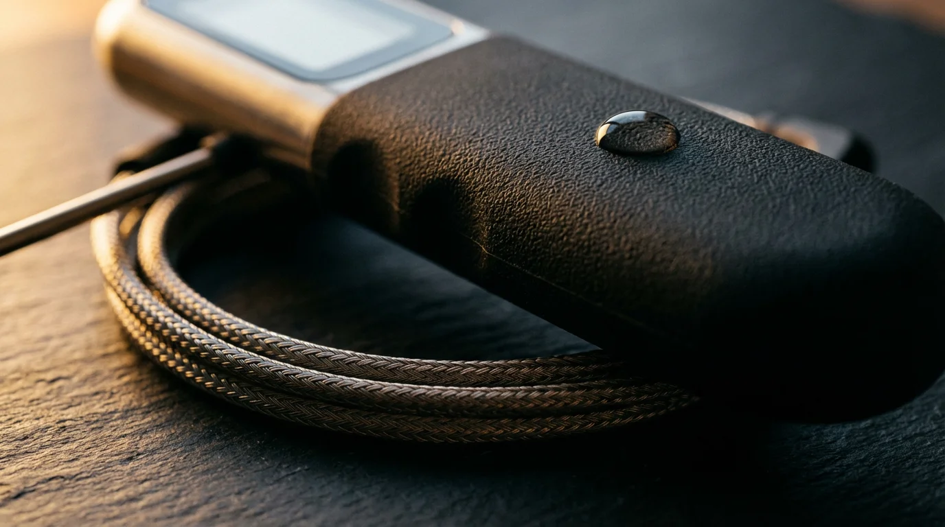 Close-up on the durable materials of meat thermometers, including silicone and braided stainless steel.