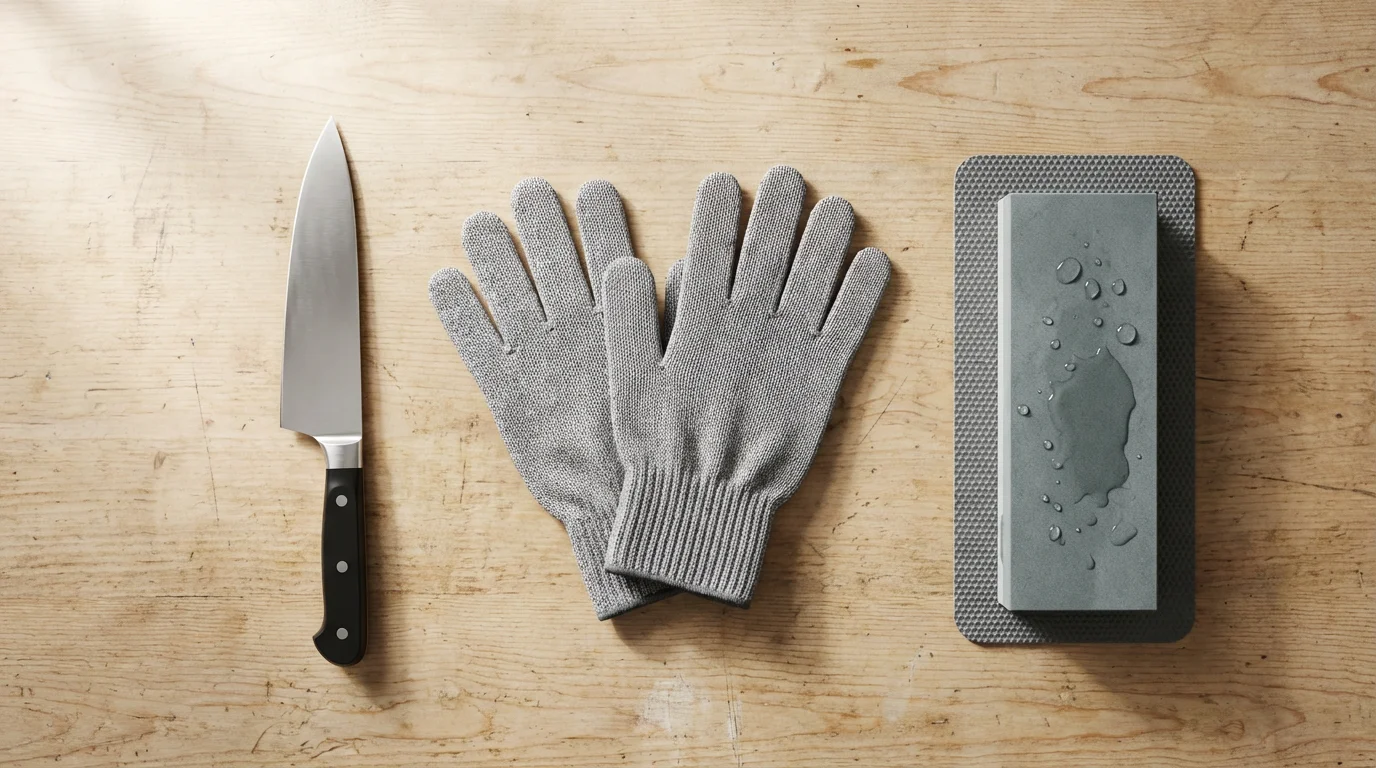Cut-resistant gloves, a chef's knife, and a whetstone arranged on a wooden surface.