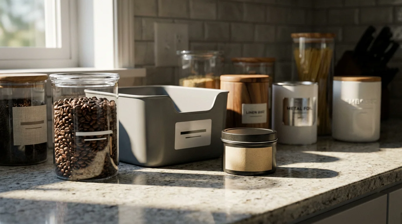 Different kitchen containers with various label materials on a countertop in afternoon light.