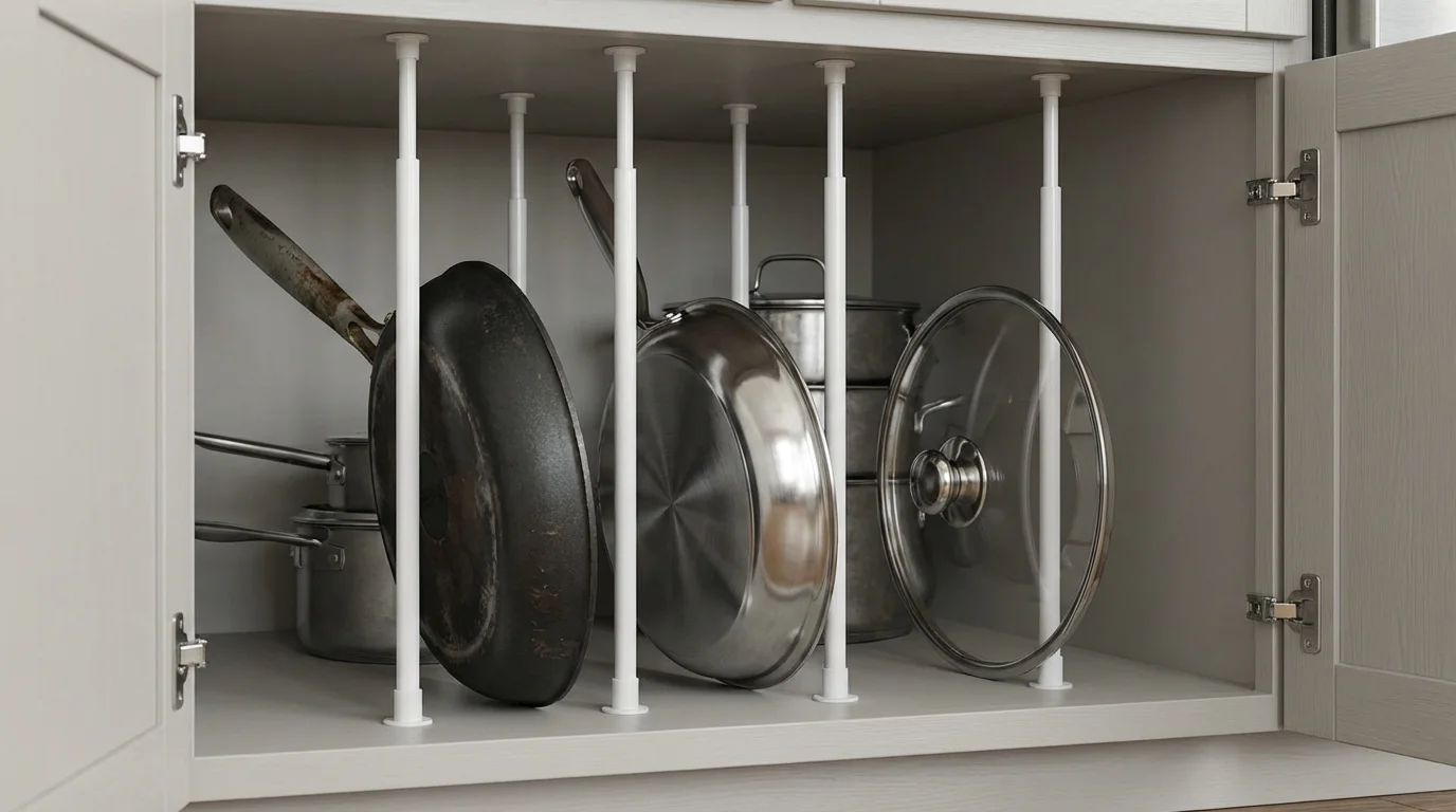 DIY tension rod hack organizing pans and lids vertically inside a kitchen cabinet.