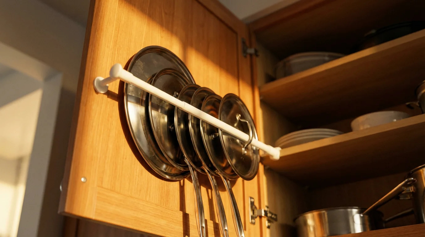 DIY tension rod hack organizing stainless steel pot lids inside a wooden cabinet door.