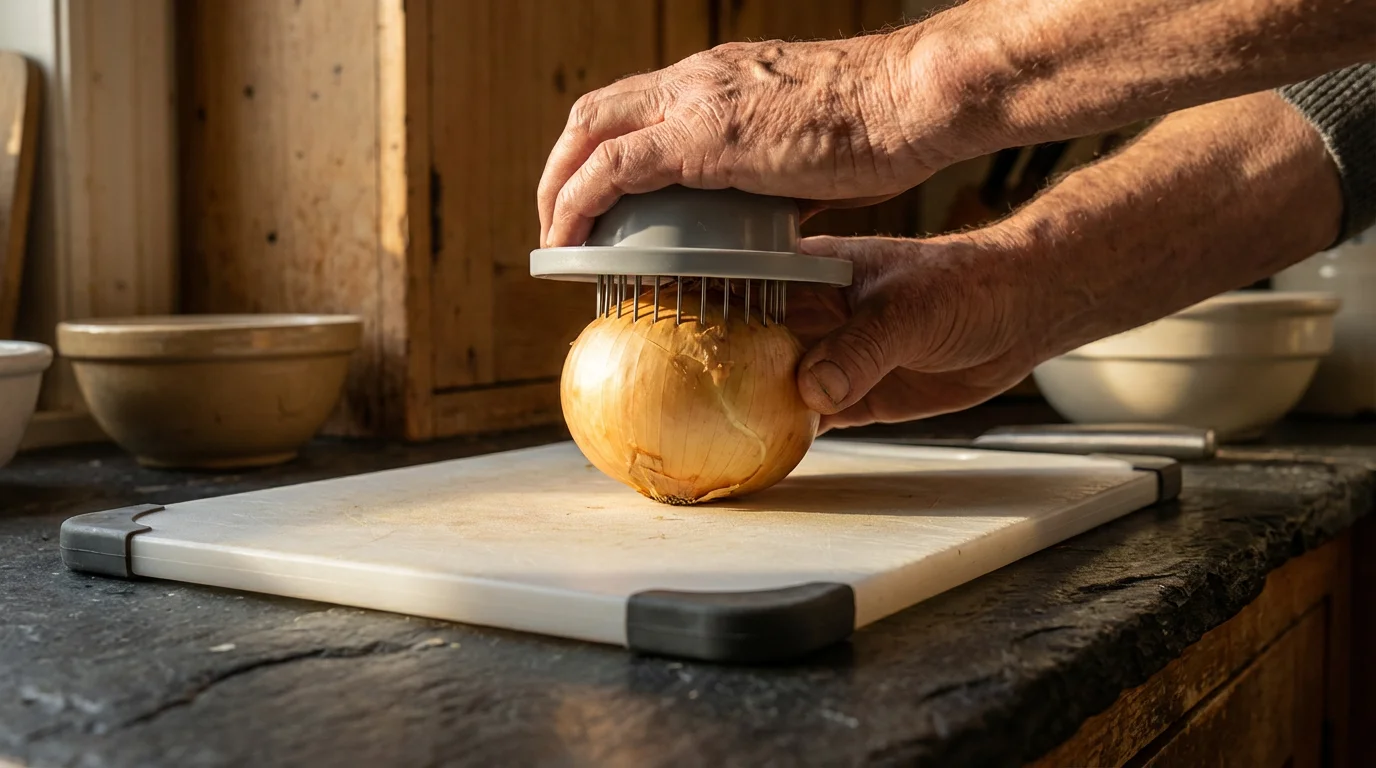 Elderly hands use a spiked food holder to secure an onion on a non-slip cutting board.