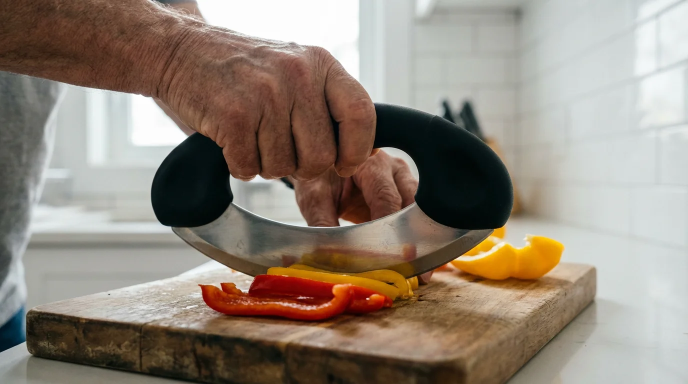 Elderly hands using an ergonomic rocker knife to easily chop bell peppers on a board.