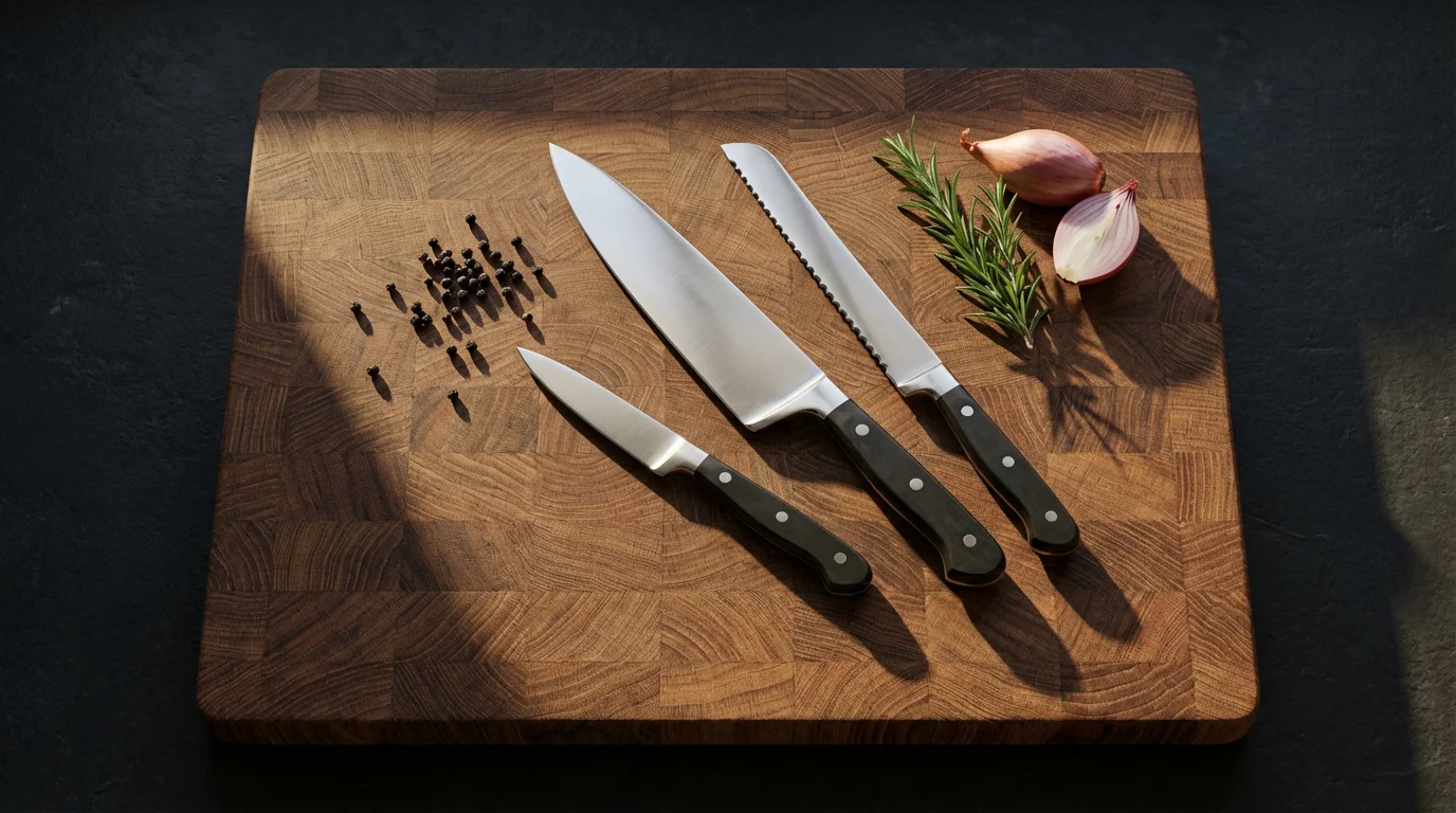 Essential kitchen knives flat lay on a wooden cutting board in moody afternoon light.