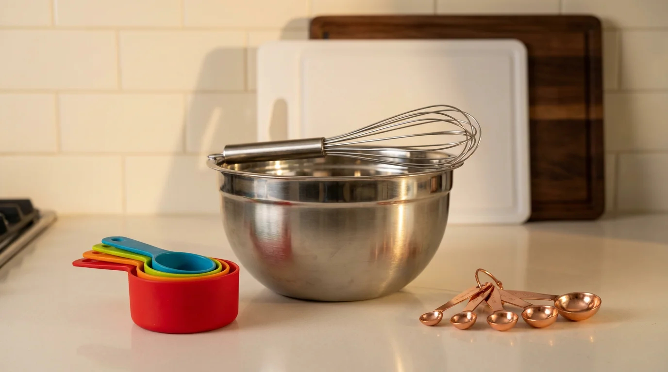 Essential kitchen prep tools including a mixing bowl, measuring cups, and cutting boards.