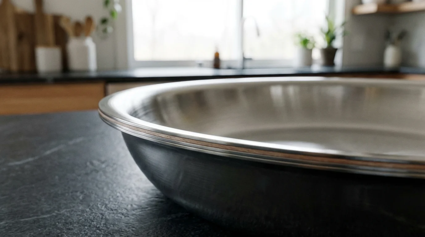 Extreme close-up low angle shot of a high-quality full-clad stainless steel skillet.