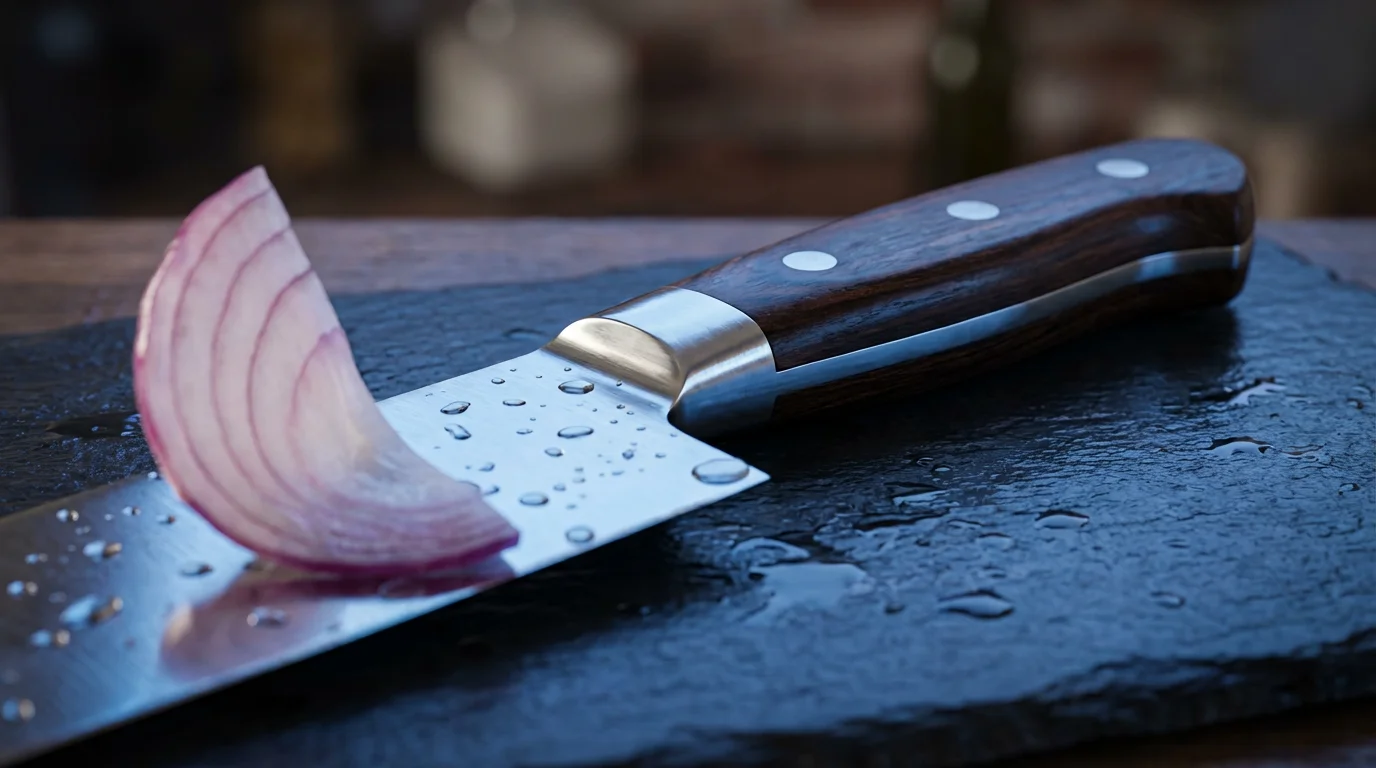 Extreme close-up macro of a professional chef's knife blade and handle on a dark surface.