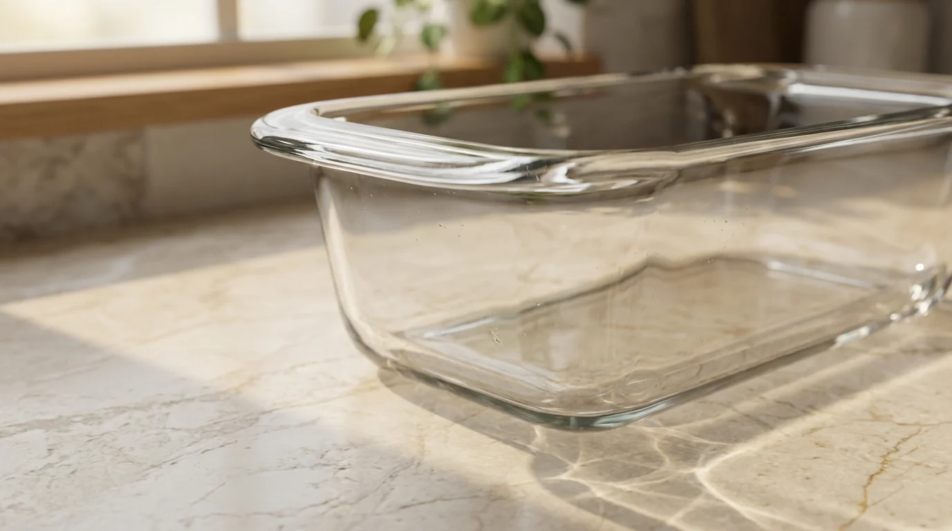 Extreme close-up macro photograph of a clear glass loaf pan corner under natural light.