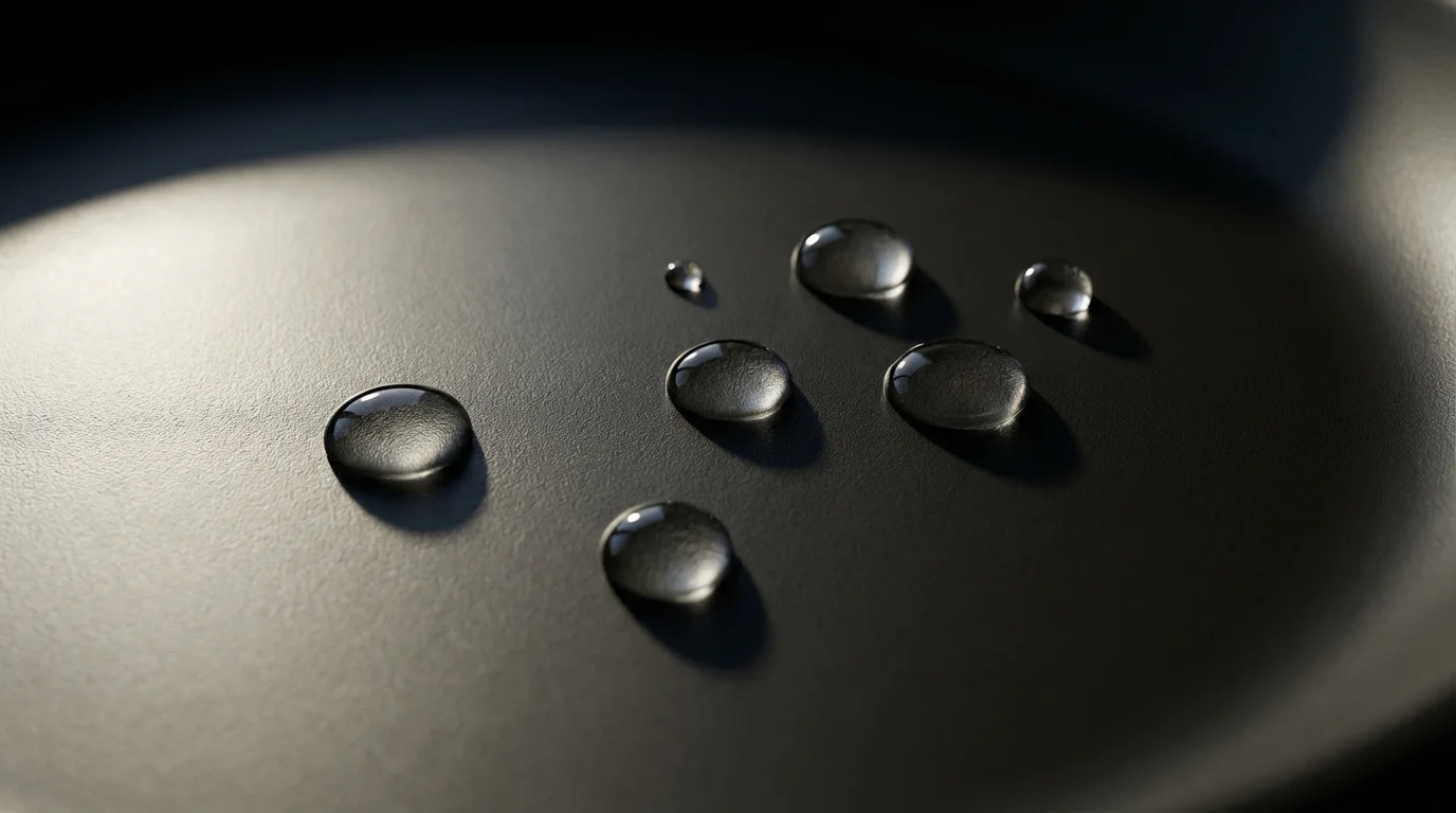 Extreme close-up macro photograph of water droplets beading on a dark non-stick pan.