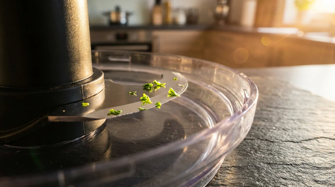Extreme close-up macro shot of a food processor's sharp S-blade during golden hour.