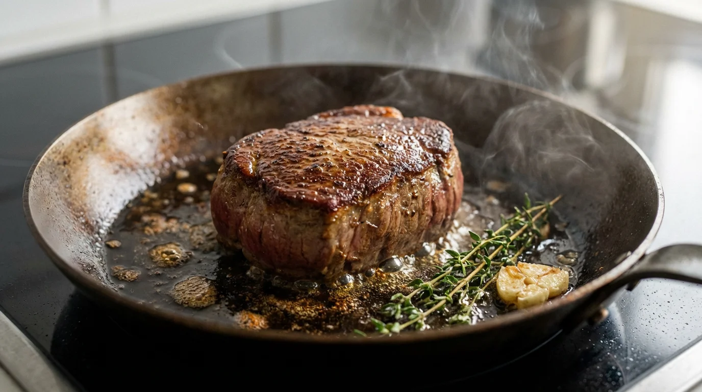 Extreme close-up macro shot of a steak getting a perfect sear in a carbon steel pan.