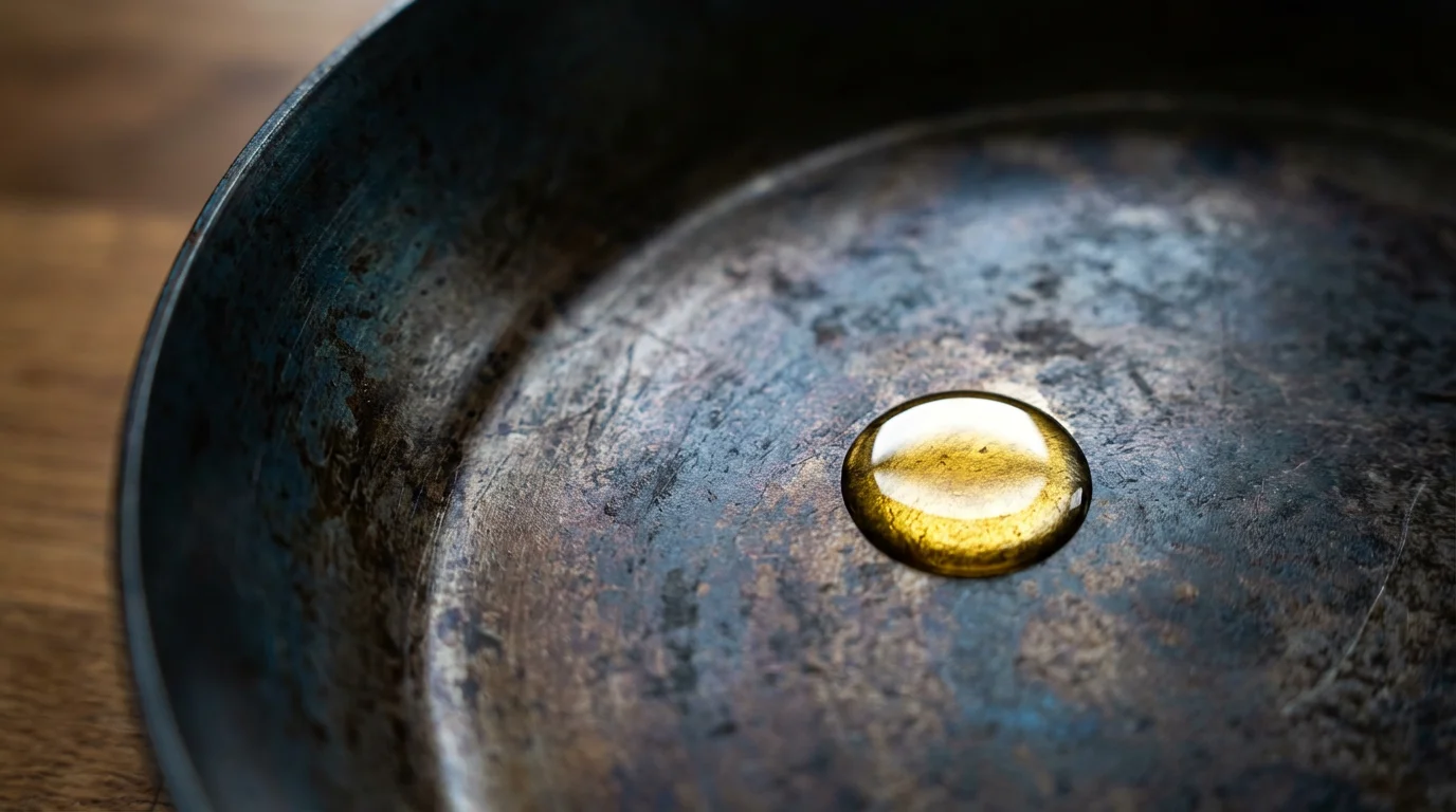 Extreme close-up of a single droplet of oil on a seasoned carbon steel pan.