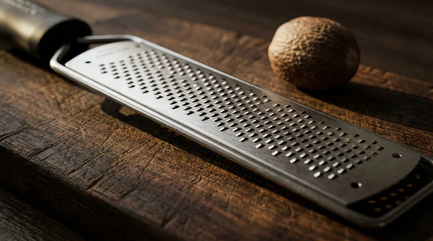 Extreme macro close-up of the sharp, etched stainless steel blades of a microplane grater.