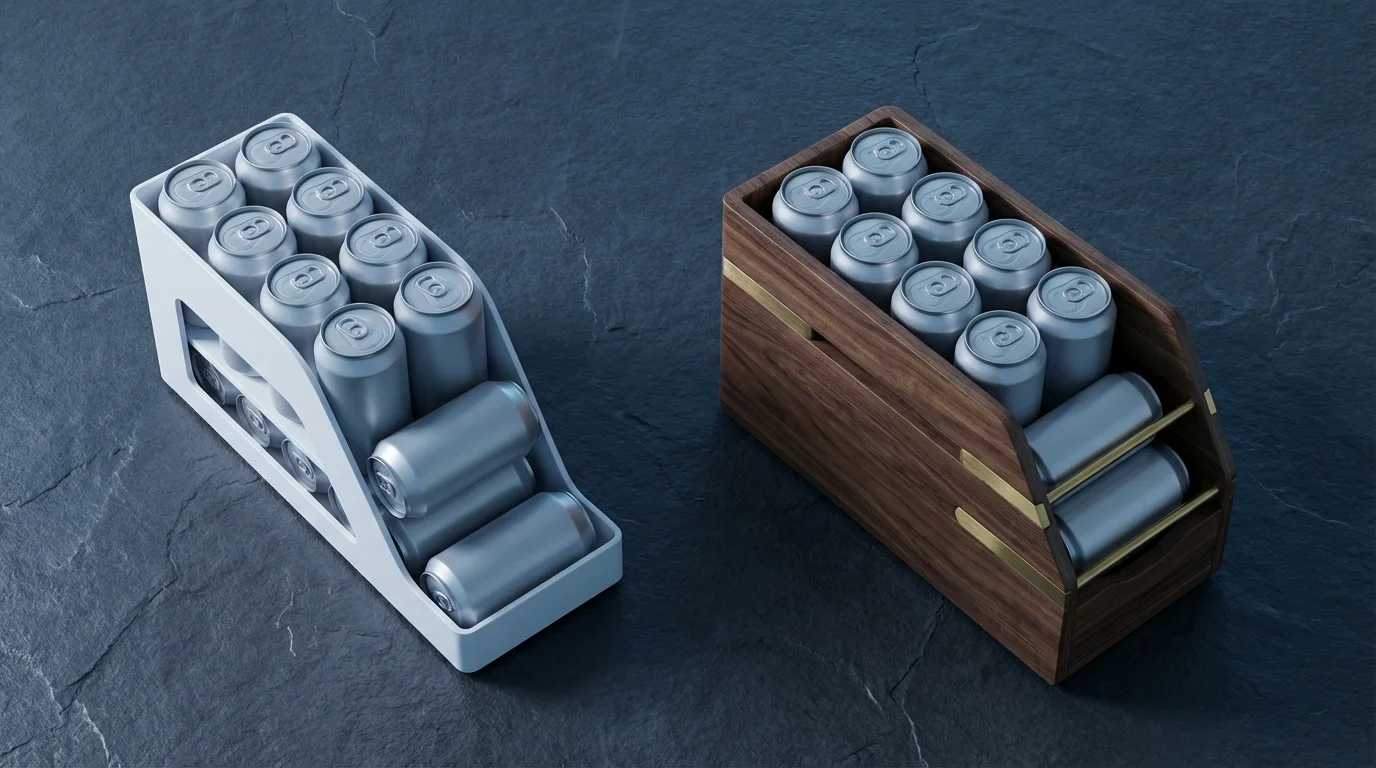 Flat lay of a basic plastic can organizer beside a premium wooden one on a slate surface.