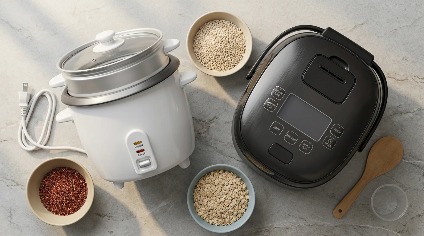 Flat lay of a basic rice cooker and a fuzzy logic model with grains.