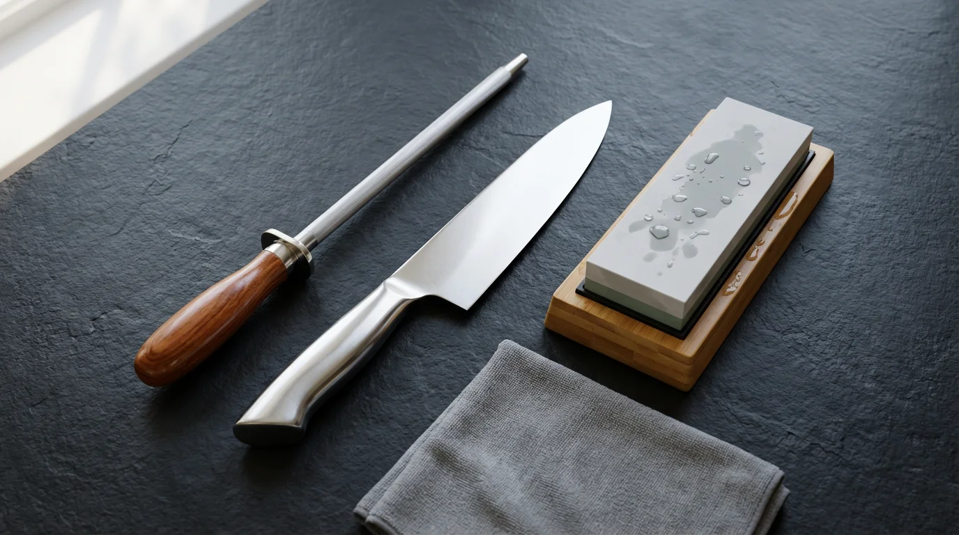 Flat lay of a chef's knife, whetstone, honing steel, and cleaning cloth on slate.