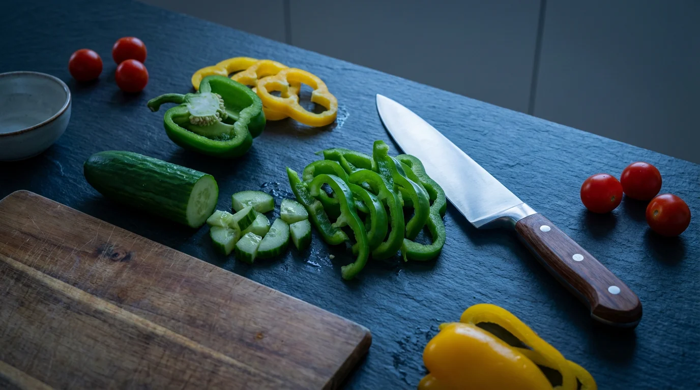 Flat lay of a chef's knife with sliced cucumbers and bell peppers at dusk.