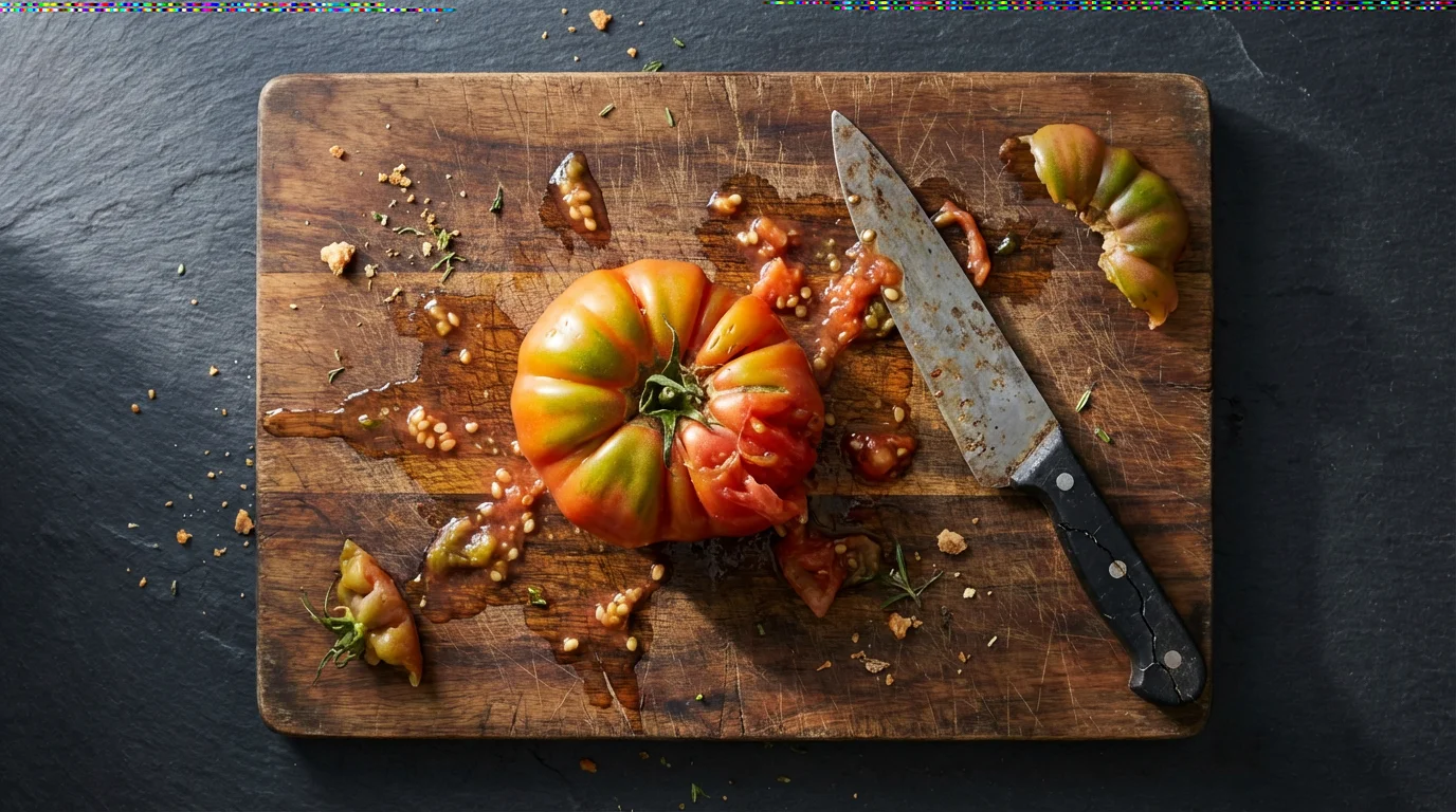 Flat lay of a dull kitchen knife next to a squashed, badly sliced tomato.