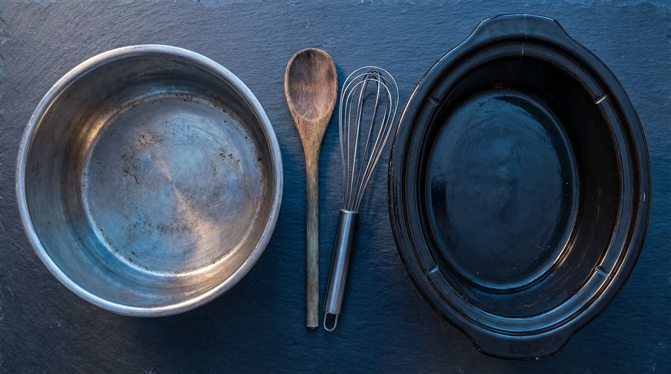 Flat lay of a durable stainless steel pot beside a cracked ceramic slow cooker crock.