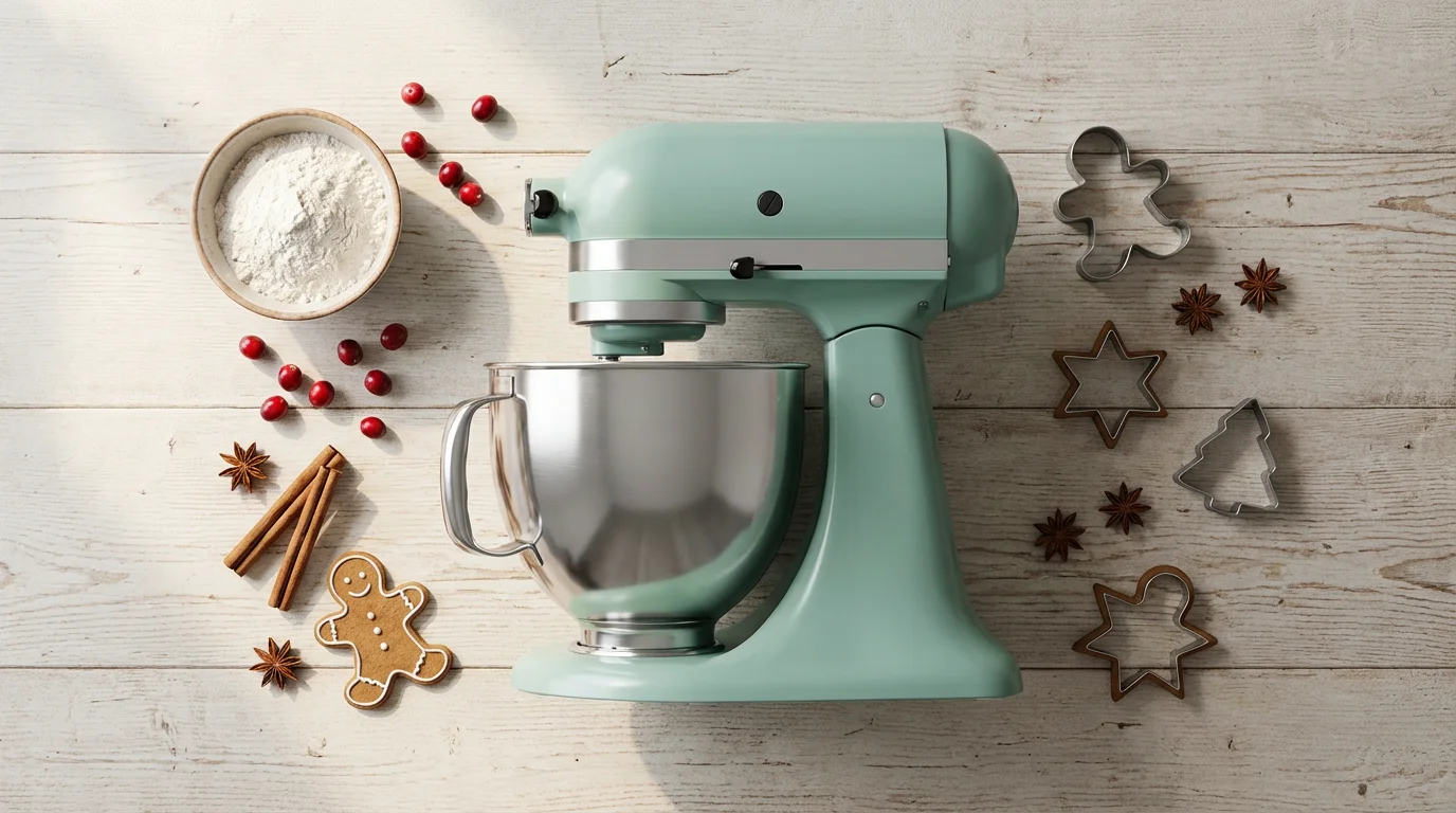 Flat lay of a green stand mixer surrounded by holiday baking ingredients.