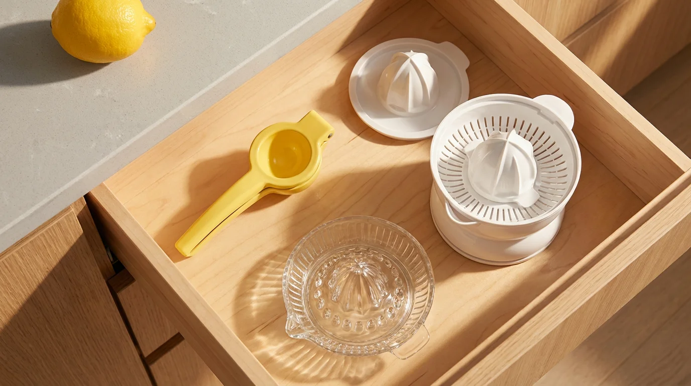 Flat lay of a kitchen drawer comparing the storage size of different citrus juicers.