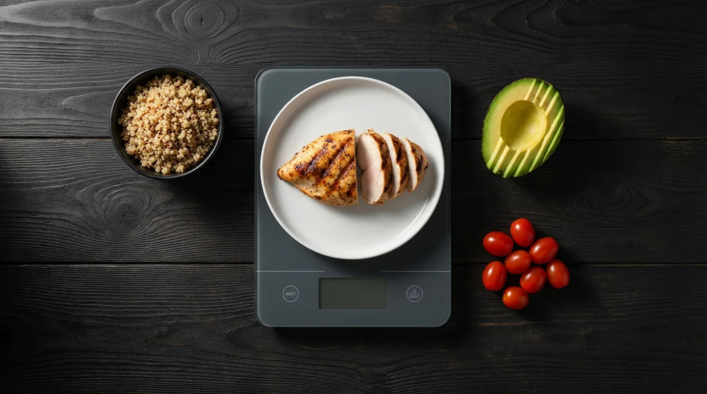 Flat lay of a kitchen scale weighing grilled chicken for healthy meal prep.